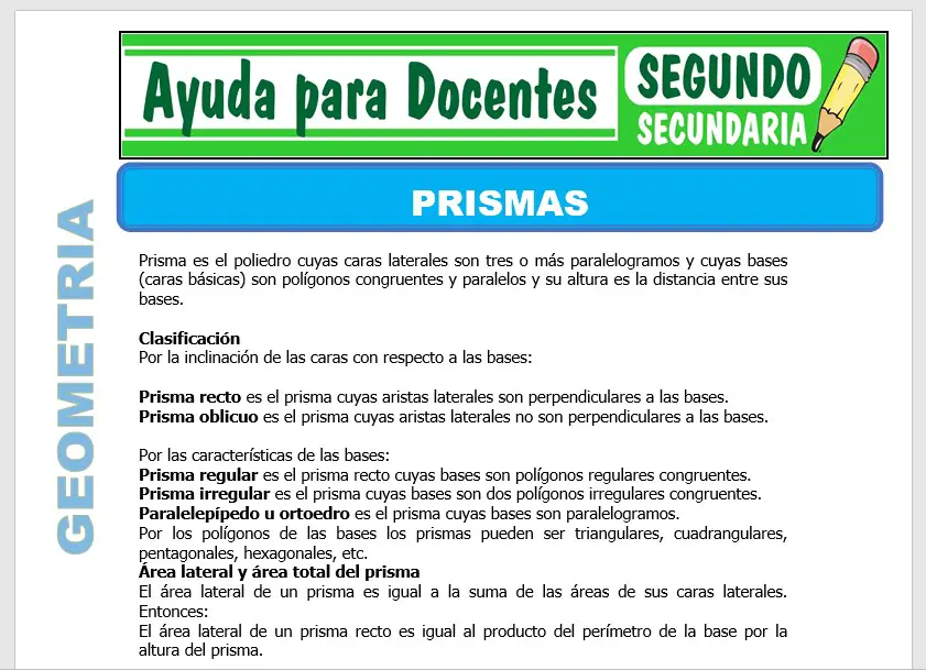 Modelo de la Ficha de Prismas para Segundo de Secundaria