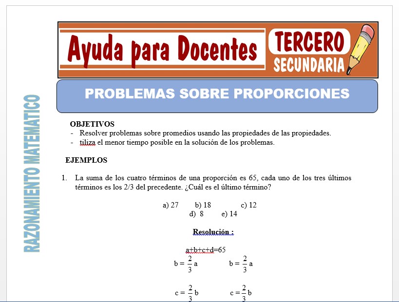Modelo de la Ficha de Problemas sobre Proporciones para Tercero de Secundaria Modelo de la Ficha de Problemas sobre Proporciones para Tercero de Secundaria