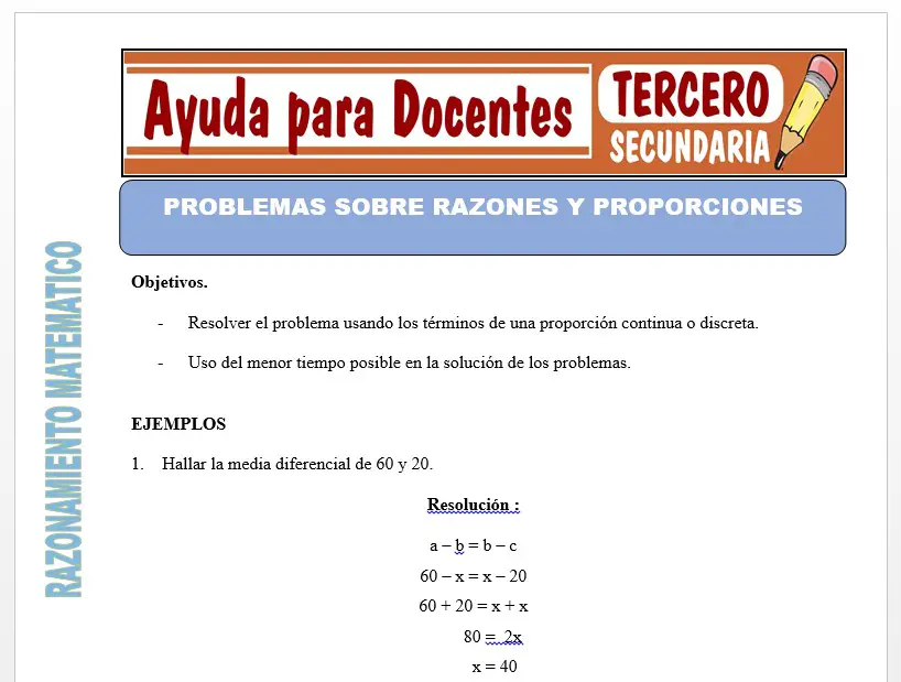 Modelo de la Ficha de Problemas Sobre Razones y Proporciones para Tercero de Secundaria Modelo de la Ficha de Problemas Sobre Razones y Proporciones para Tercero de Secundaria
