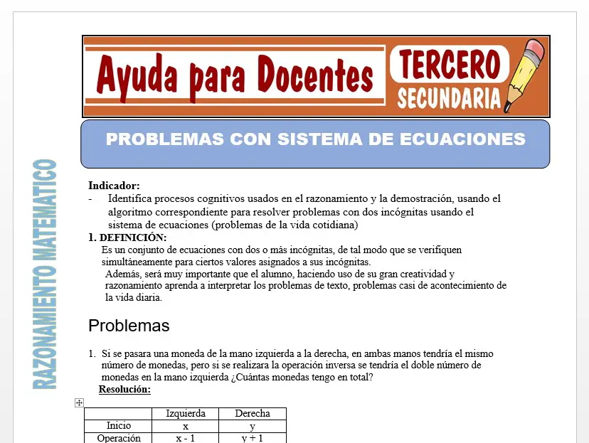 Modelo de la Ficha de Problemas con Sistema de Ecuaciones para Tercero de Secundaria