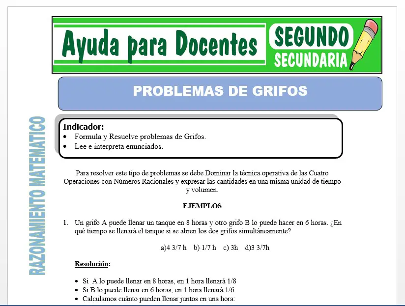 Modelo de la Ficha de Problema de Grifos para Segundo de Secundaria