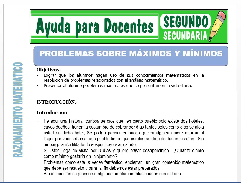 Modelo de la Ficha de Problemas Sobre Máximos Mínimos para Segundo de Secundaria