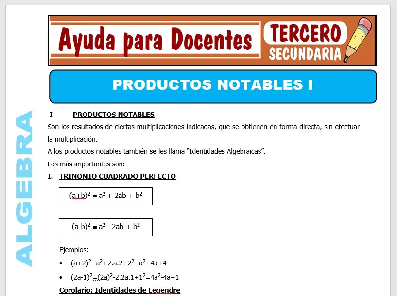 Modelo de la Ficha de Productos Notables I para Tercero de Secundaria
