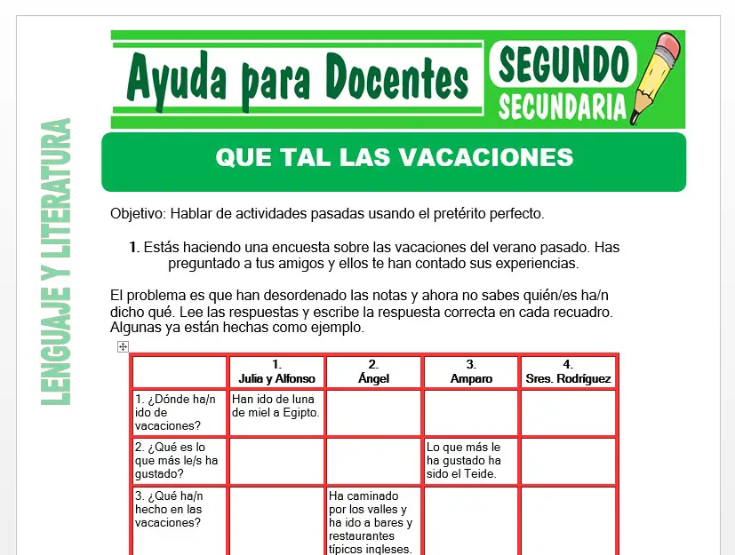 Modelo de la Ficha de Que Tal Las Vacaciones para Segundo de Secundaria