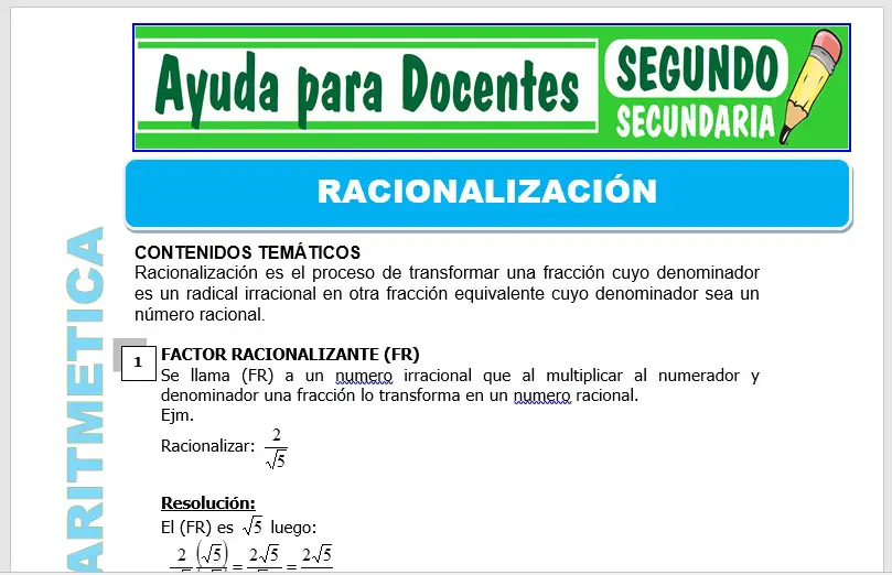 Modelo de la Ficha de Racionalización para Segundo de Secundaria