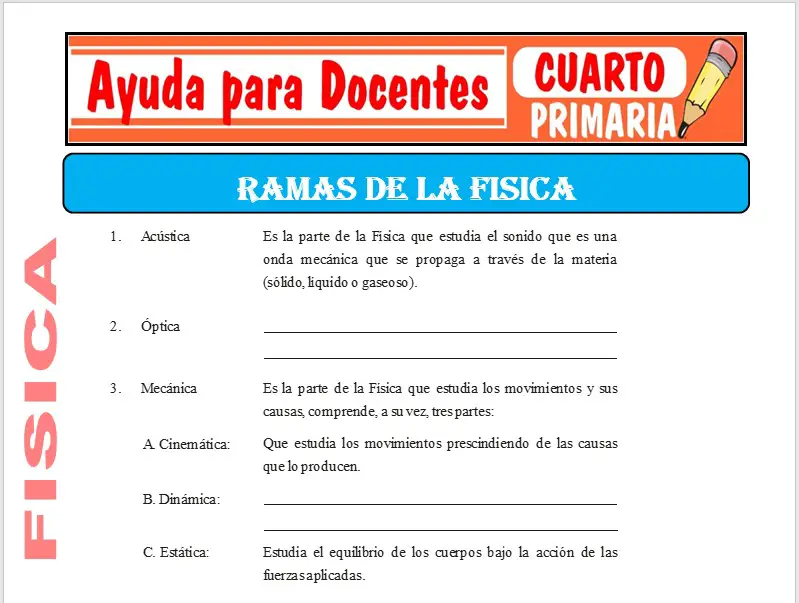 Modelo de la Ficha de Ramas de la Física para Cuarto de Primaria