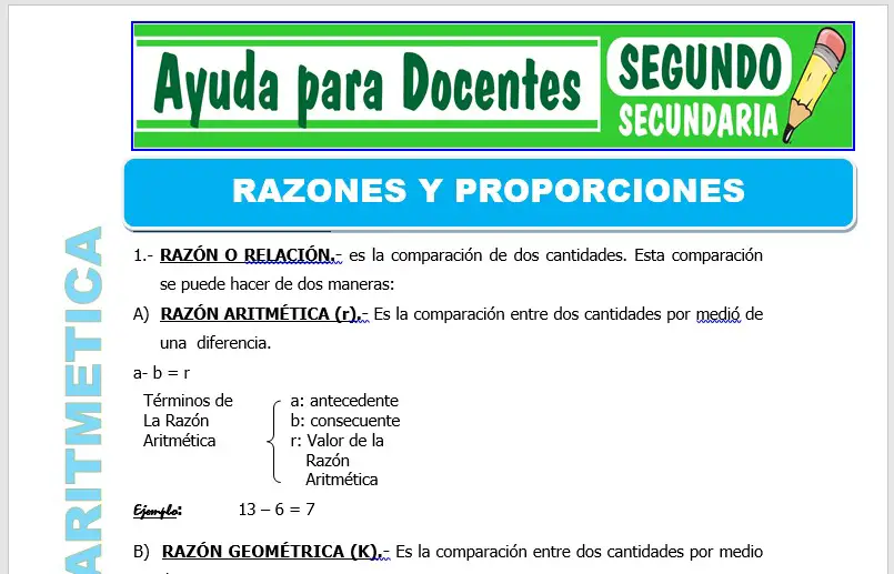 Modelo de la Ficha de Razones y Proporciones para Segundo de Secundaria