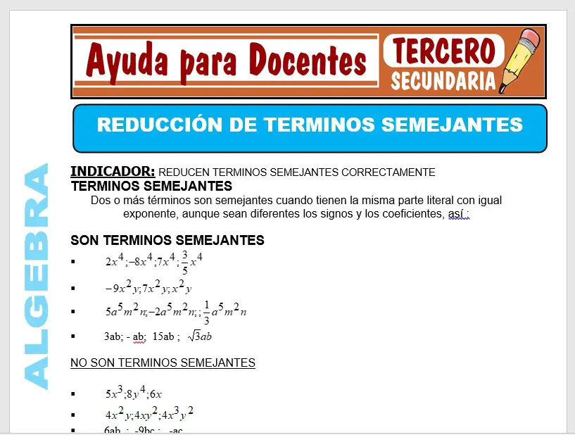 Modelo de la Ficha de Reducción de Terminos Semejantes para Tercero de Secundaria