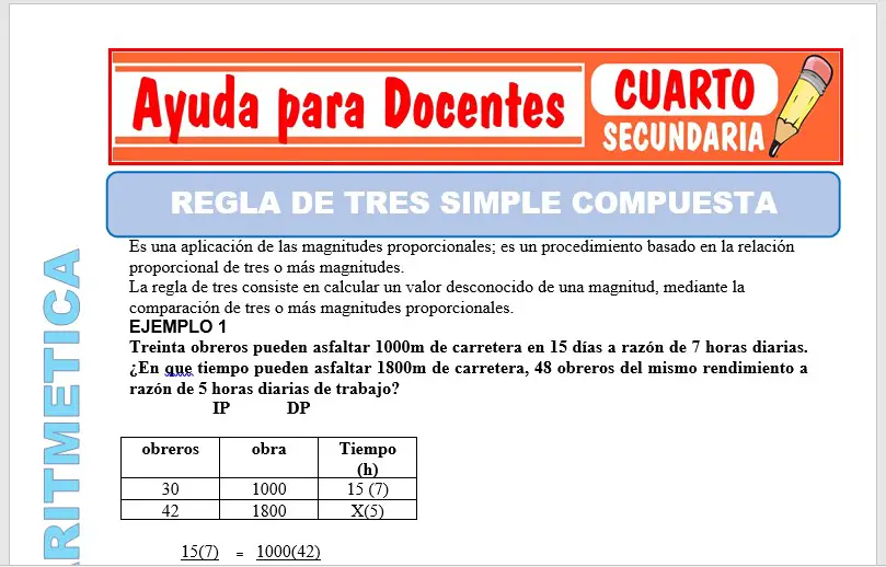Modelo de la Ficha de Regla de Tres Simple Compuesta para Cuarto de Secundaria