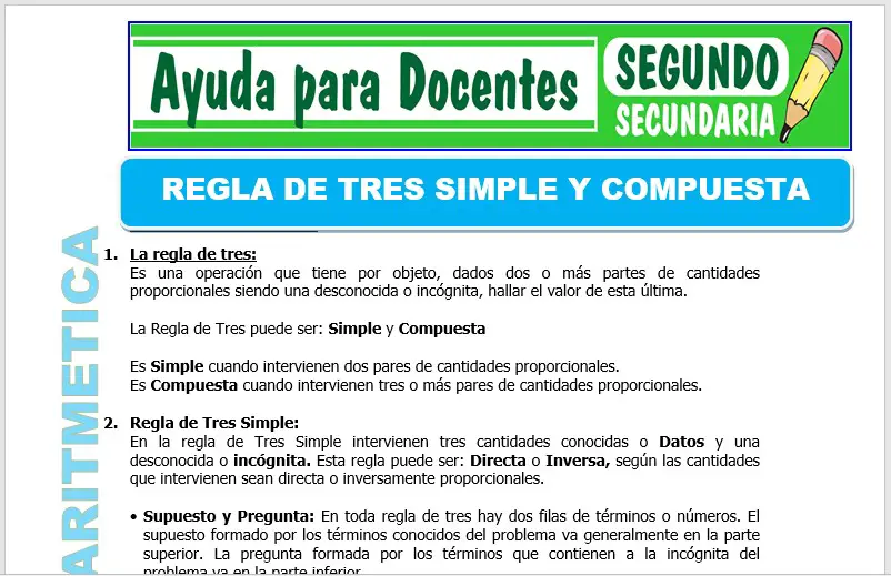 Modelo de la Ficha de Regla de Tres Simple y Compuesta para Segundo de Secundaria