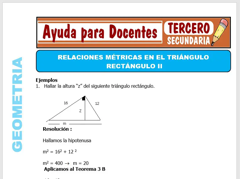 Modelo de la Ficha de Relaciones Métricas en el Triángulo Rectángulo II para Tercero de Secundaria