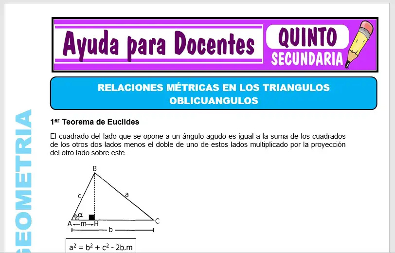 Modelo de la Ficha de Relaciones Métricas en los Triángulos Oblicuángulos para Quinto de Secundaria