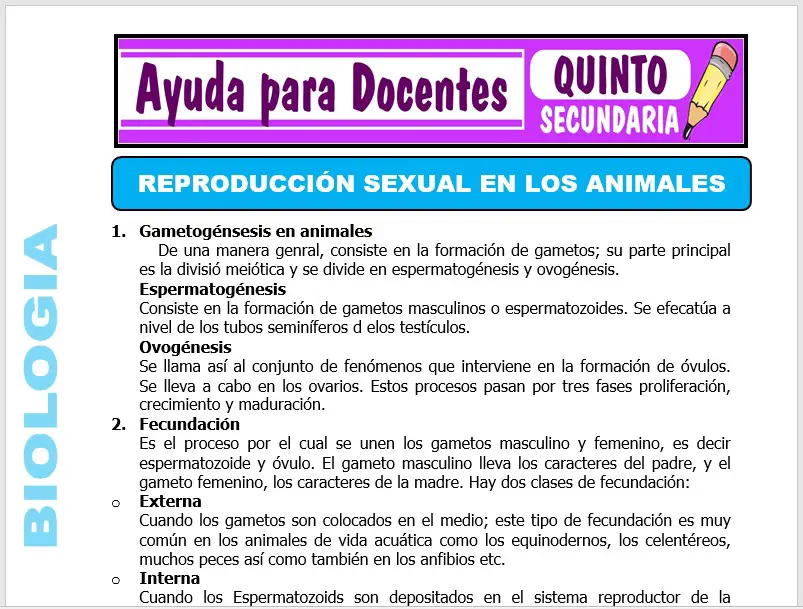 Modelo de la Ficha de Reproducción Sexual en los Animales para Quinto de Secundaria