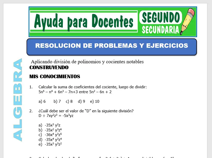 Modelo de la Ficha de Resolución de Problemas y Ejercicios para Segundo de Secundaria