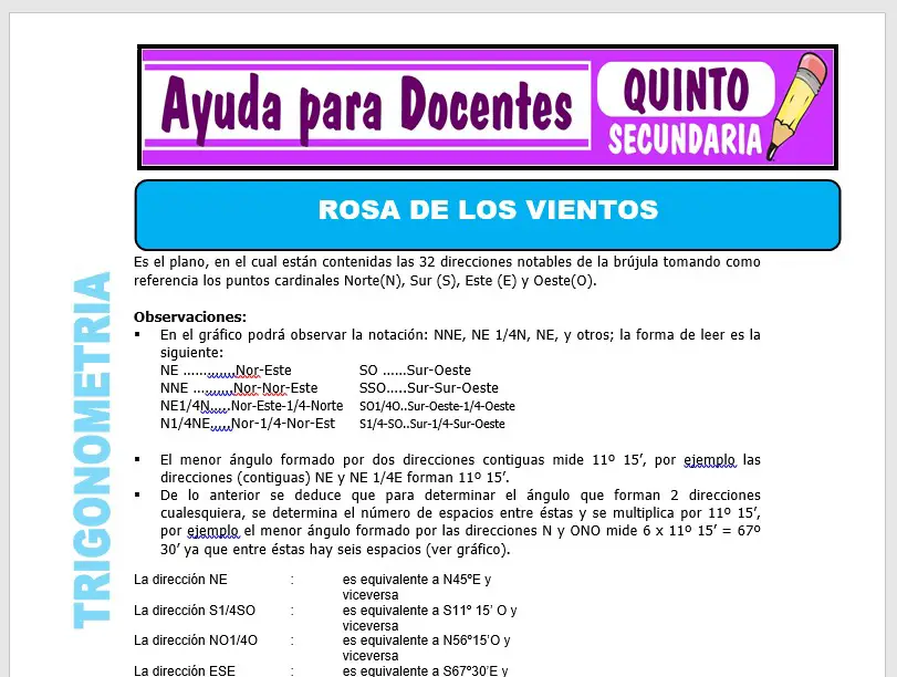Modelo de la Ficha de Rosa de los Vientos para Quinto de Secundaria