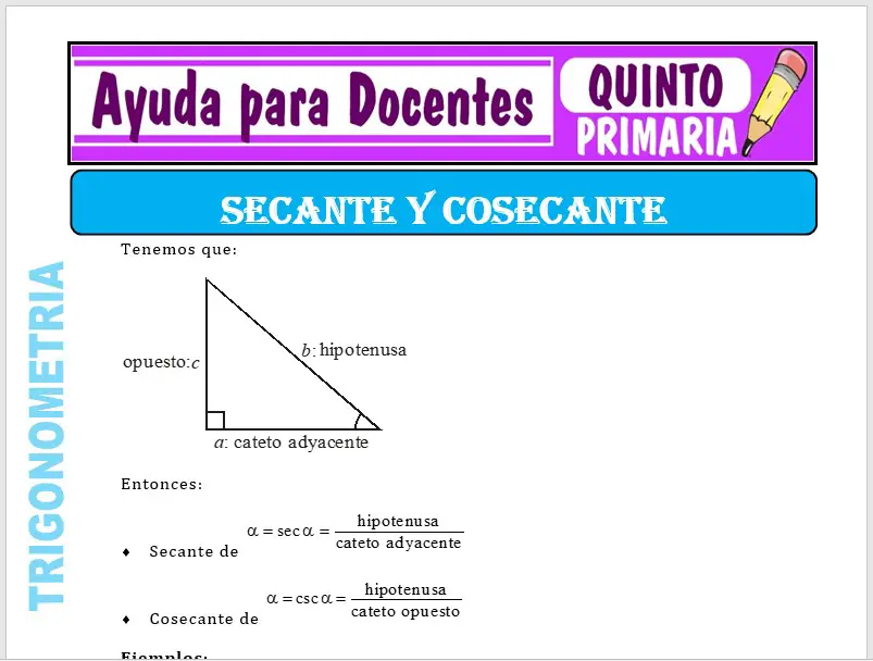 Modelo de la Ficha de Secante y Cosecante para Quinto de Primaria