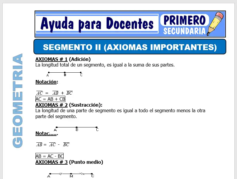 Modelo de la Ficha de Segmento II (Axiomas Importantes) para Primero de Secundaria