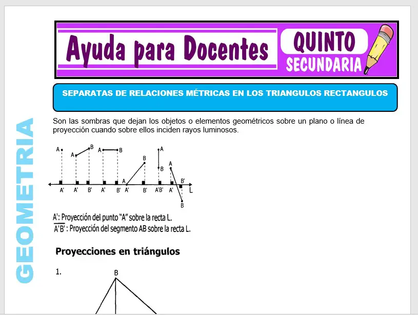 Modelo de la Ficha de Separatas de Relaciones Métricas de Triángulos Rectángulos para Quinto de Secundaria