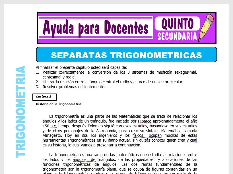 Modelo de la Ficha de Separatas Trigonométricas para Quinto de Secundaria