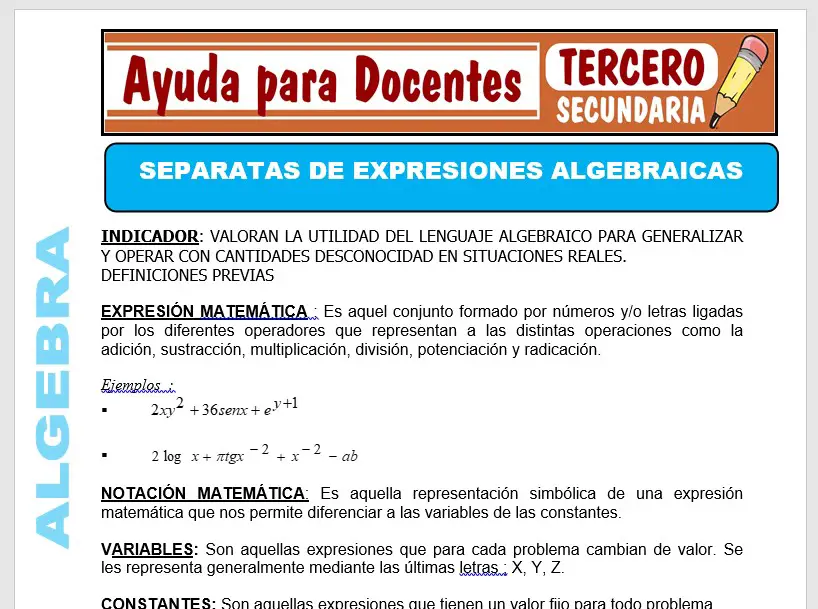 Modelo de la Ficha de Separatas de Expresiones Algebraicas para Tercero de Secundaria