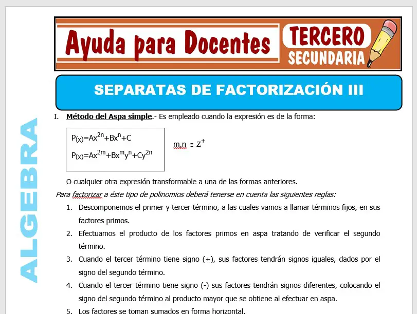 Modelo de la Ficha de Separatas de Factorización III para Tercero de Secundaria