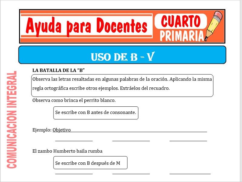 Modelo de la Ficha de Uso de la “B” y “V” para Cuarto de Primaria Modelo de la Ficha de Uso de la “B” y “V” para Cuarto de Primaria