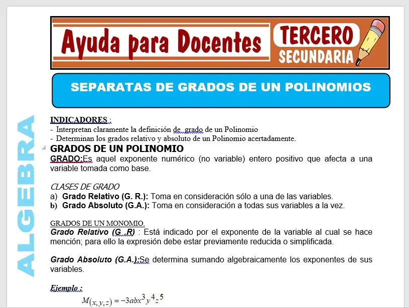 Modelo de la Ficha de Separatas de Grados de un Polinomio para Tercero de Secundaria