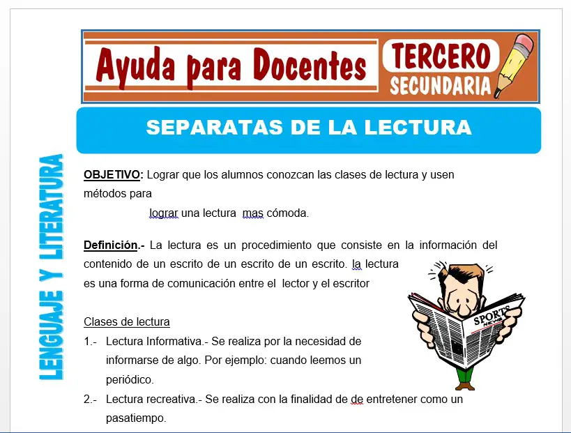 Modelo de la Ficha de Separatas de la Lectura para Tercero de Secundaria