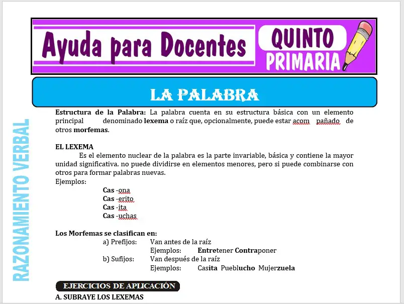 Modelo de la Ficha de Separatas de la Palabra para Quinto de Primaria