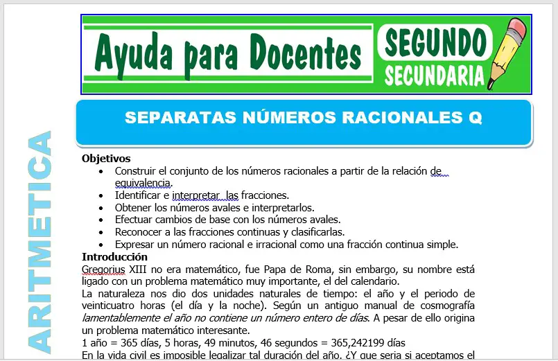 Modelo de la Ficha de Separatas de Números Racionales en Q para Segundo de Secundaria