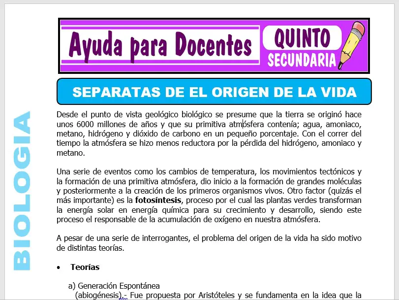 Modelo de la Ficha de El Origen de la vida para Quinto de Secundaria