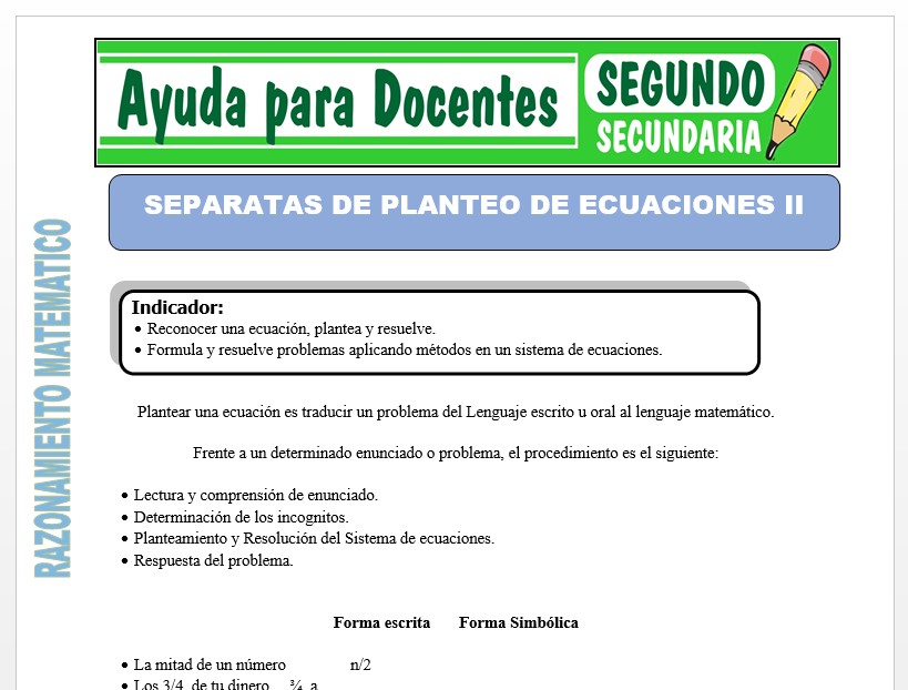 Modelo de la Ficha de Separatas de Planteo de Ecuaciones II para Segundo de Secundaria Modelo de la Ficha de Separatas de Planteo de Ecuaciones II para Segundo de Secundaria