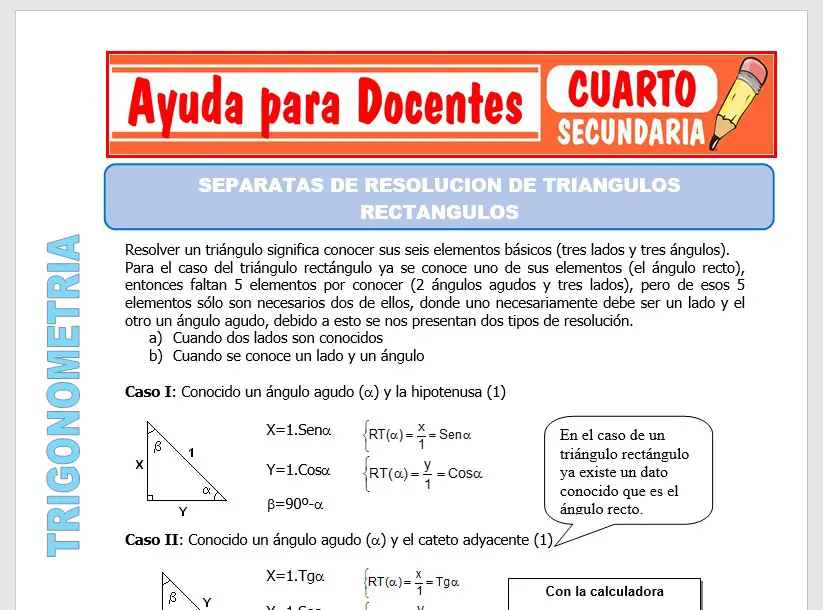 Modelo de la Ficha de Separatas de Resolución de Triángulos Rectángulos para Cuarto de Secundaria