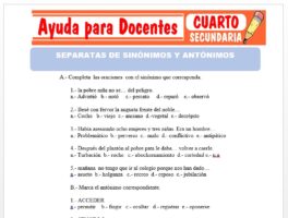 Modelo de la Ficha de Separatas de Sinónimos y Antónimos para Cuarto de Secundaria