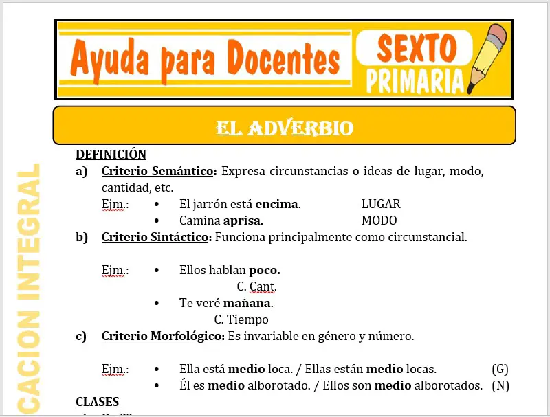 Modelo de la Ficha de El Adverbio para Sexto de Primaria