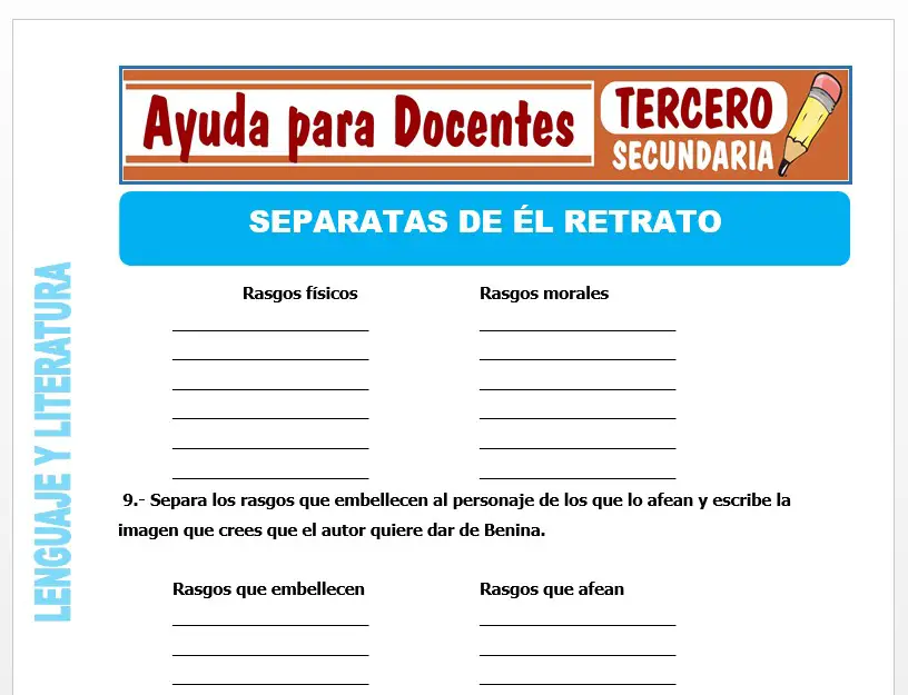 Modelo de la Ficha de Separatas de Él Retrato para Tercero de Secundaria