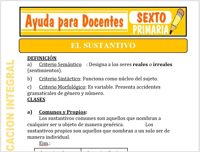 Modelo de la Ficha de Separatas del Sustantivo para Sexto de Primaria