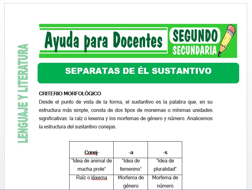 Modelo de la Ficha de Separatas del Sustantivo para Segundo de Secundaria