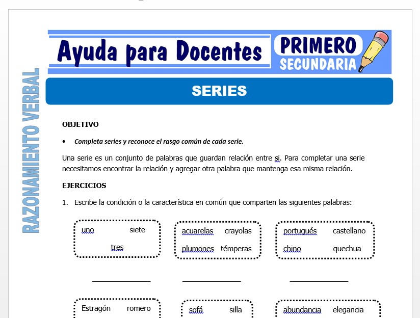 Modelo de la Ficha de Series para Primero de Secundaria Modelo de la Ficha de Series para Primero de Secundaria