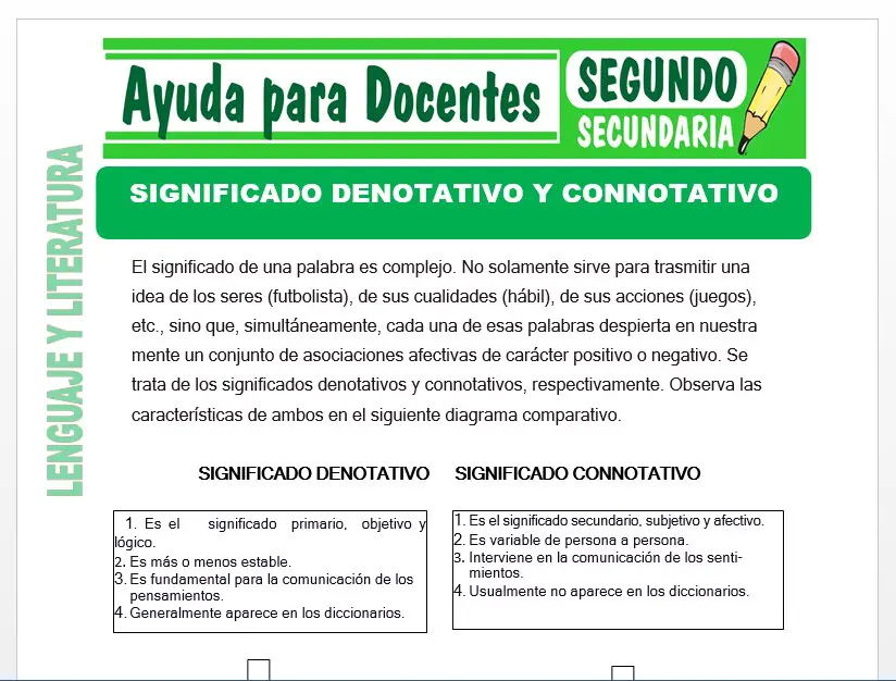 Modelo de la Ficha de Significado Denotativo y Connotativo para Segundo de Secundaria