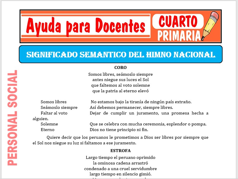 Modelo de la Ficha de Significado Semántico del Himno Nacional para Cuarto de Primaria Modelo de la Ficha de Significado Semántico del Himno Nacional para Cuarto de Primaria