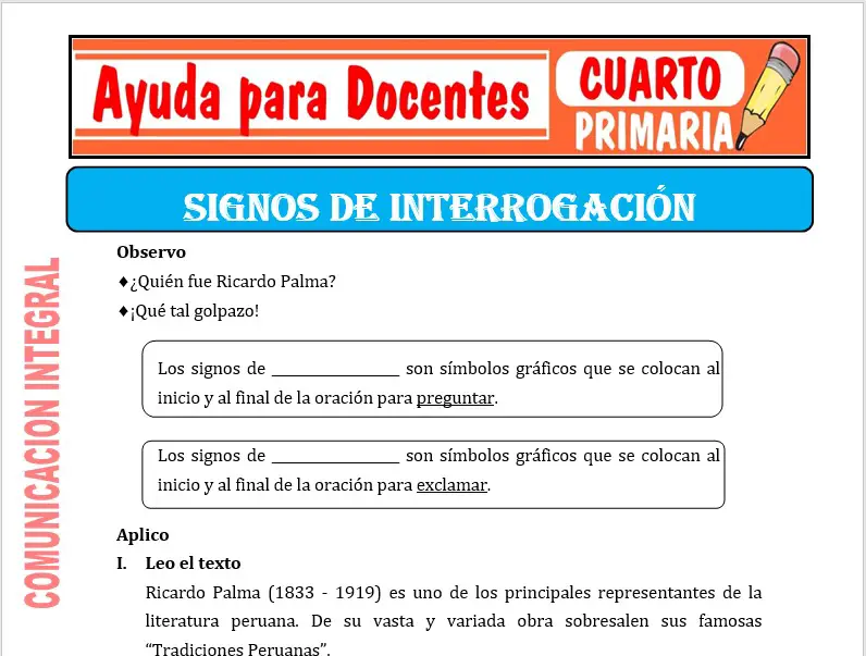 Modelo de la Ficha de Signo de Interrogación para Cuarto de Primaria Modelo de la Ficha de Signo de Interrogación para Cuarto de Primaria