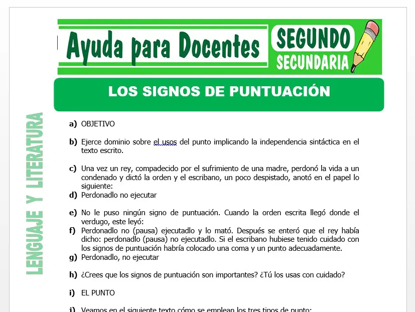 Modelo de la Ficha de Signos de Puntuación para Segundo de Secundaria