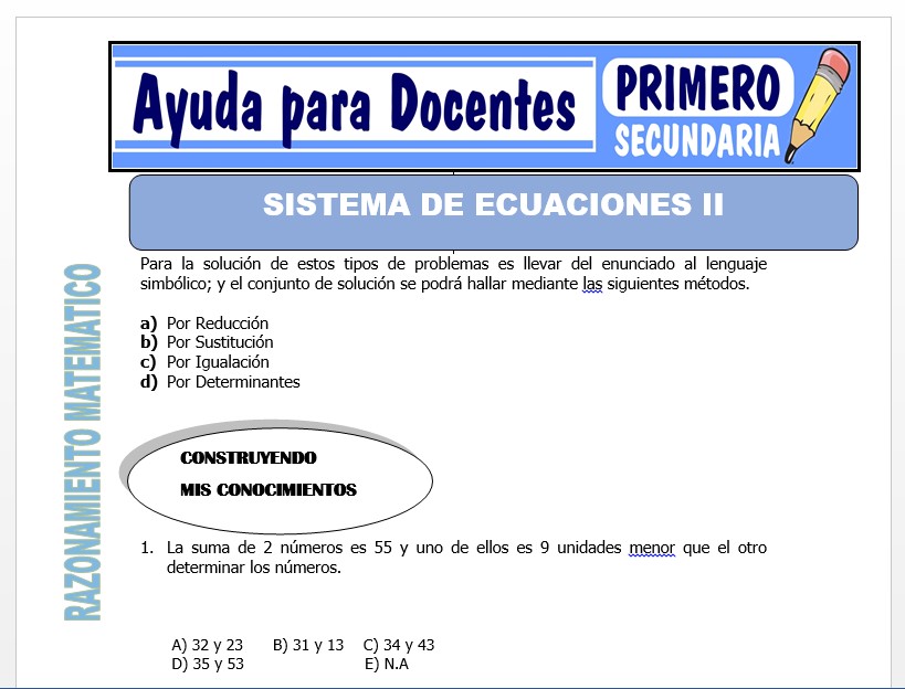 Modelo de la Ficha de Sistema de Ecuaciones II para Primero de Secundaria Modelo de la Ficha de Sistema de Ecuaciones II para Primero de Secundaria