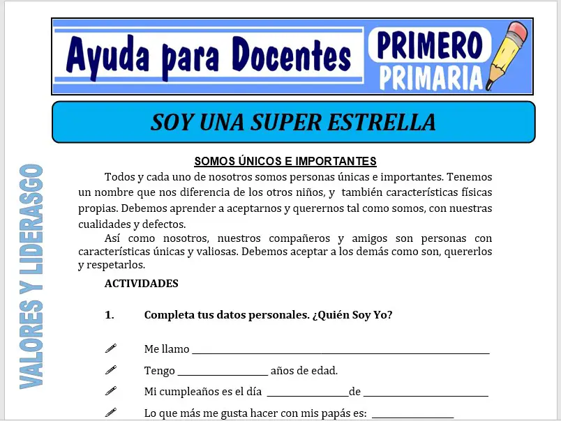Modelo de la Ficha de Soy Una Súper Estrella para Primero de Primaria Modelo de la Ficha de Soy Una Súper Estrella para Primero de Primaria