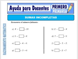 Modelo de la Ficha de Sumas Incompletas. para Primero de Primaria