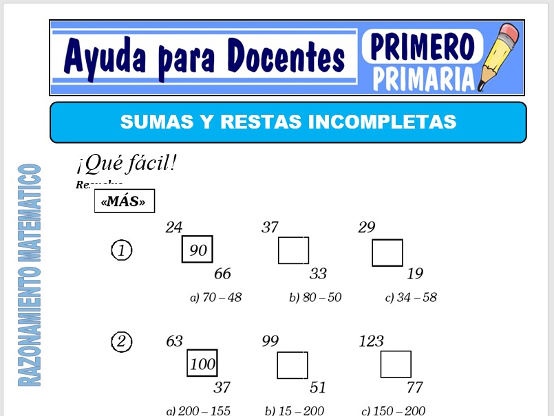 Modelo de la Ficha de Sumas y Restas Incompletas para Primero de Primaria Modelo de la Ficha de Sumas y Restas Incompletas para Primero de Primaria