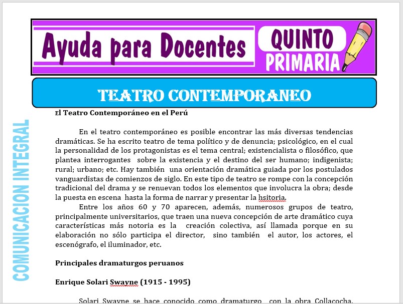 Modelo de la Ficha de Teatro Contemporánea para Quinto de Primaria Modelo de la Ficha de Teatro Contemporánea para Quinto de Primaria