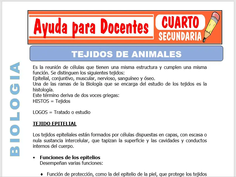 Modelo de la Ficha de Tejido de los Animales para Cuarto de Secundaria