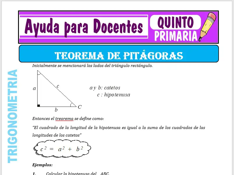 Modelo de la Ficha de Teorema de Pitágoras para Quinto de Primaria